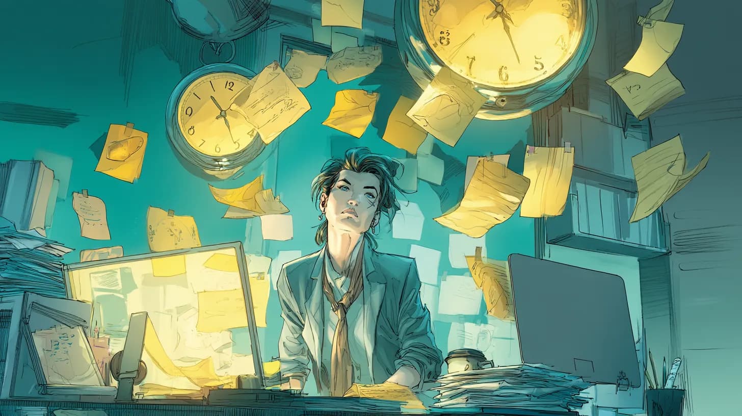 Freelancer surrounded by floating clocks and invoices symbolising time distortion