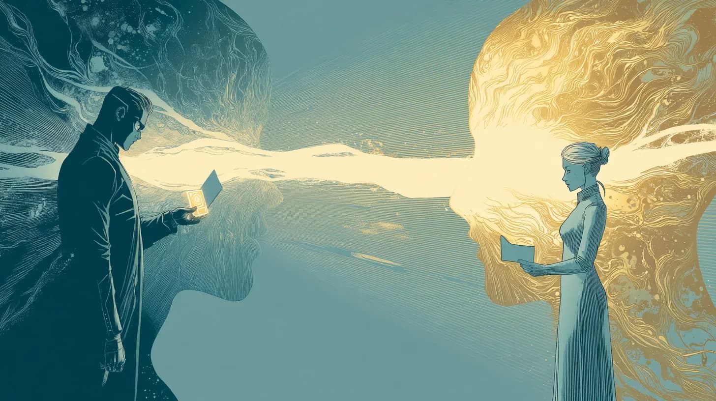 Two transparent figures divided by a glowing brain wall representing empathy gap