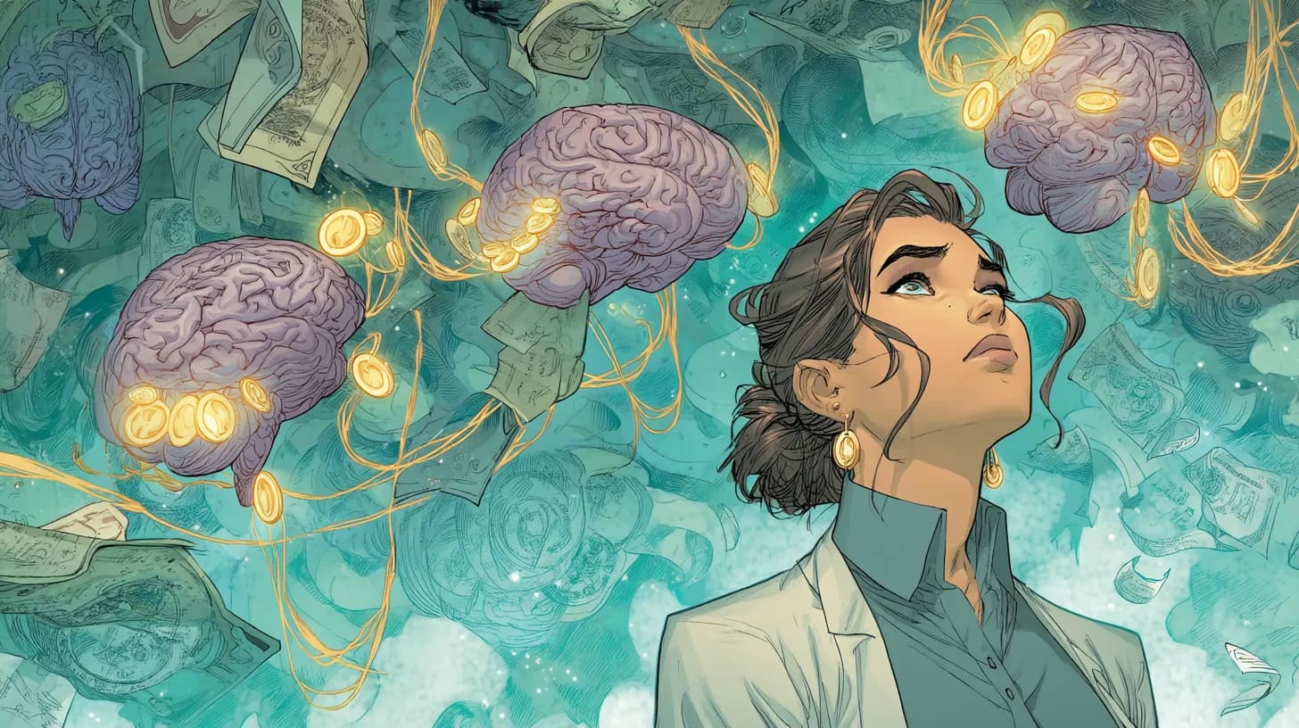 Freelancer under glowing neural threads connecting brains and coins