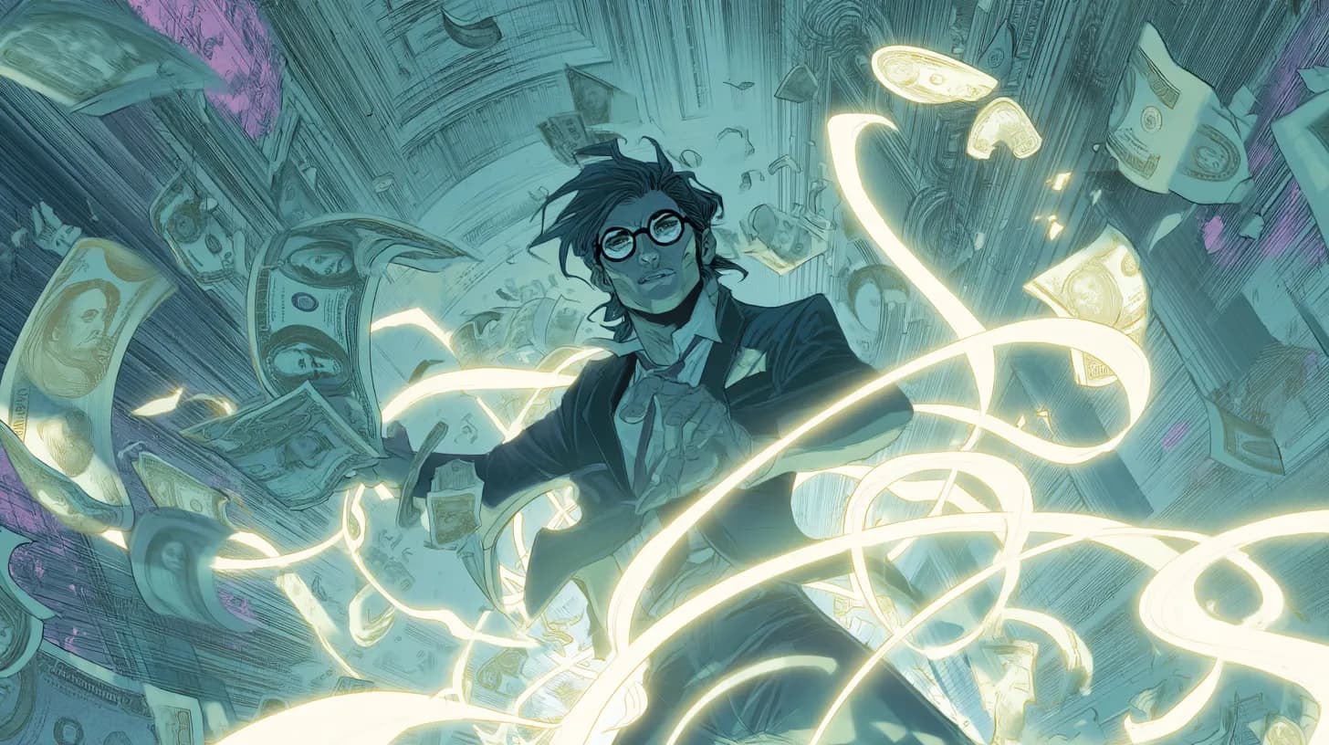 Freelancer surrounded by floating invoices, coins, and glowing progress lines symbolising cash flow