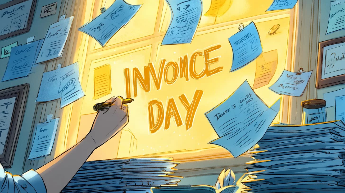 Freelancer planning invoices in weekly schedule with glowing timeline