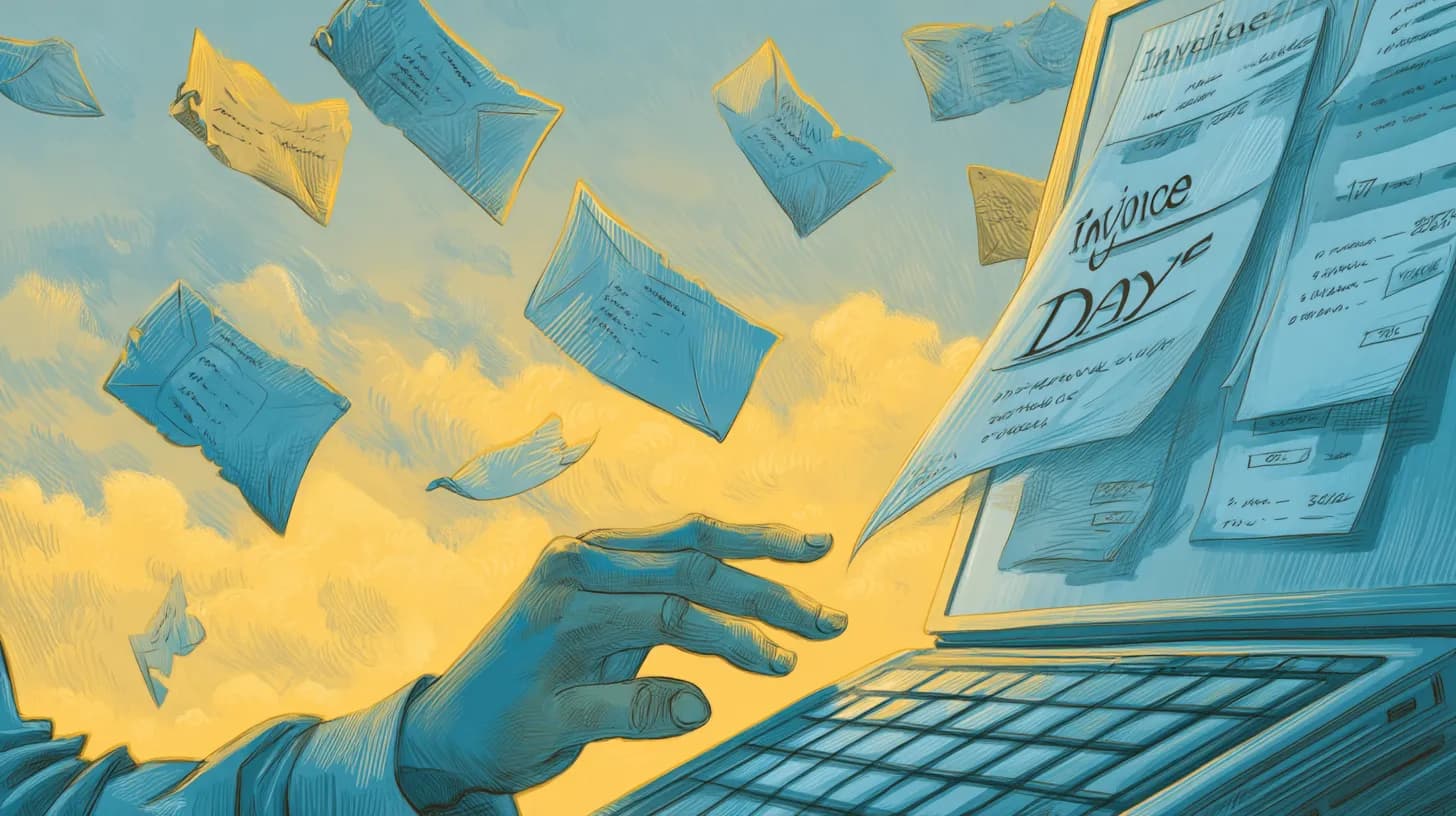 Client viewing a glowing EZinvoices portal with clear Pay button and chat bubble