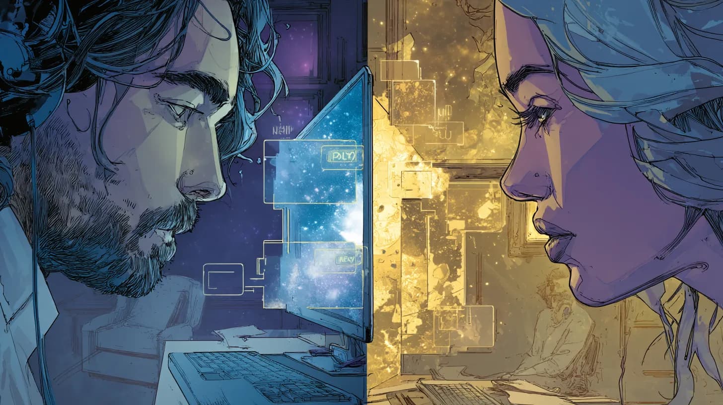 Freelancer and client communicating through a glowing portal interface, exchanging thumbs up icons