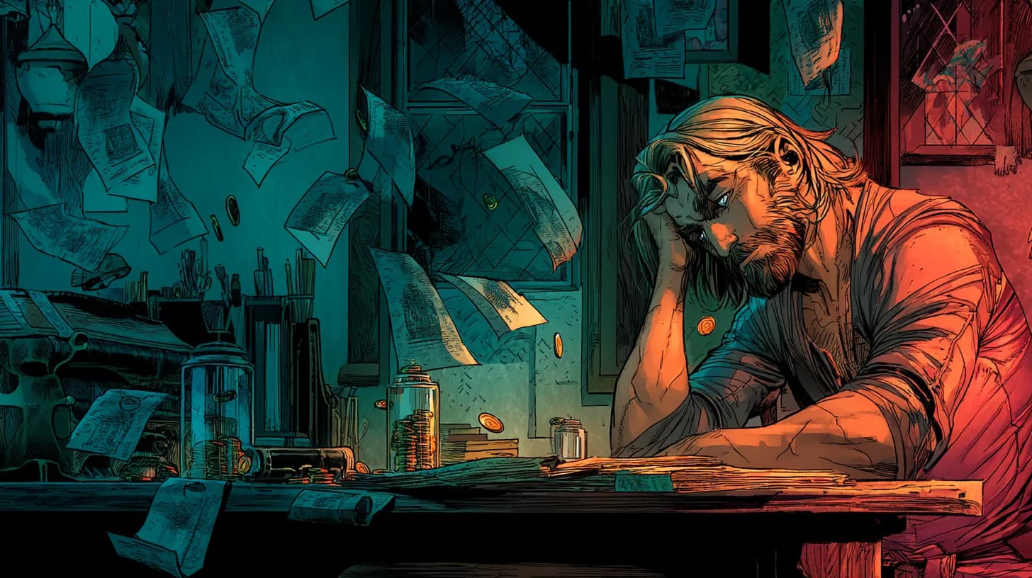 Freelancer watching invoices pile up as glowing clocks float around, symbolising lost time and delayed payments