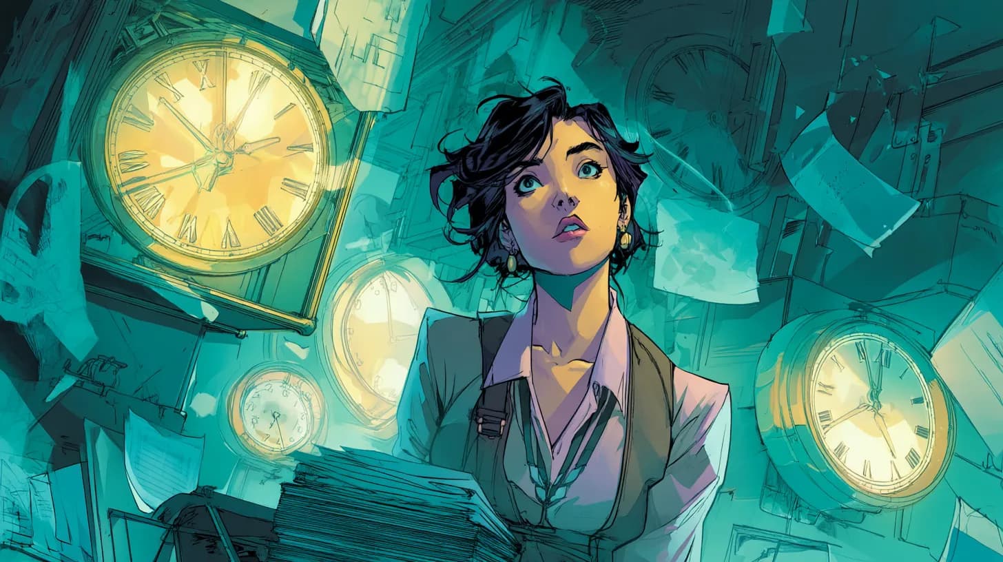 Freelancer looking at glowing clock and invoices scattered on desk, symbolising delay and lost focus