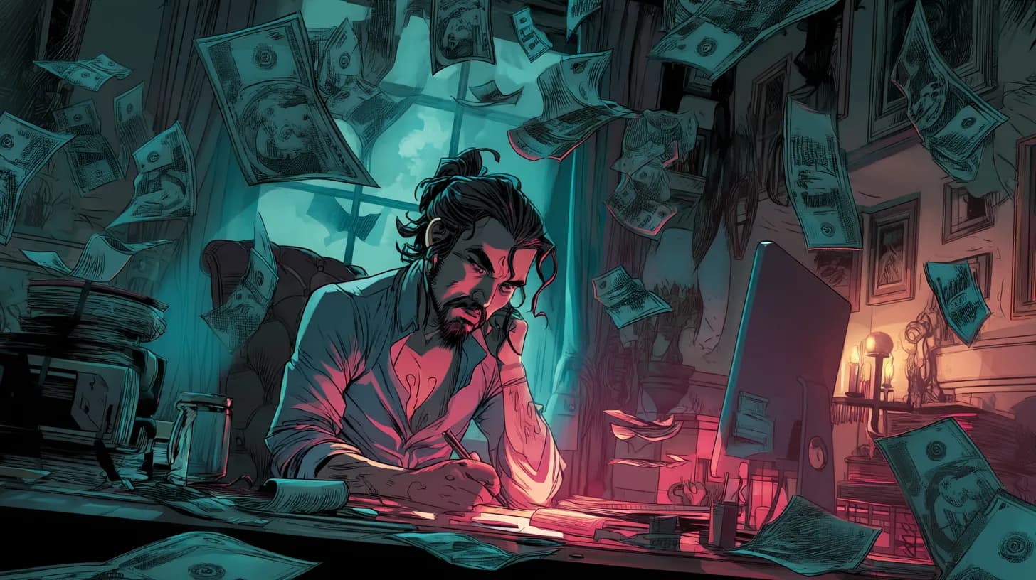 Freelancer comparing messy old invoices with clean, glowing digital invoice template symbolising clarity and trust