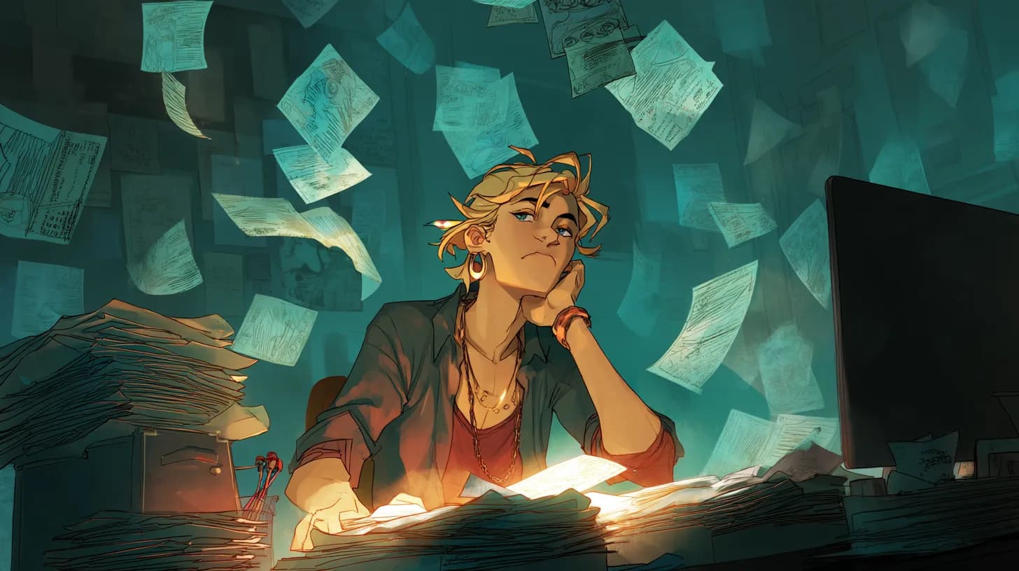 Freelancer surrounded by open Illustrator windows and glowing invoices scattered across screen