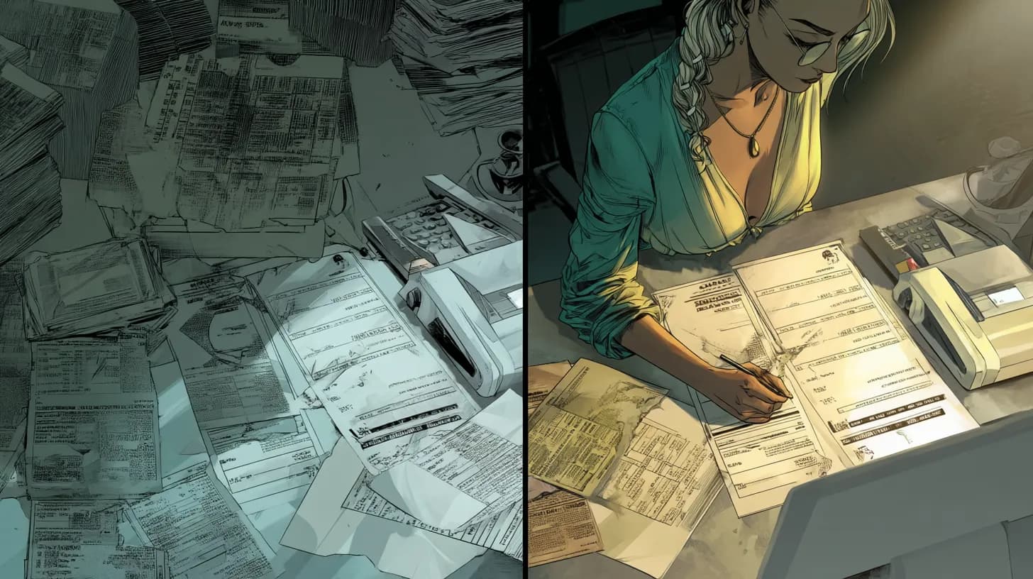 Freelancer viewing clean glowing invoice template on laptop screen