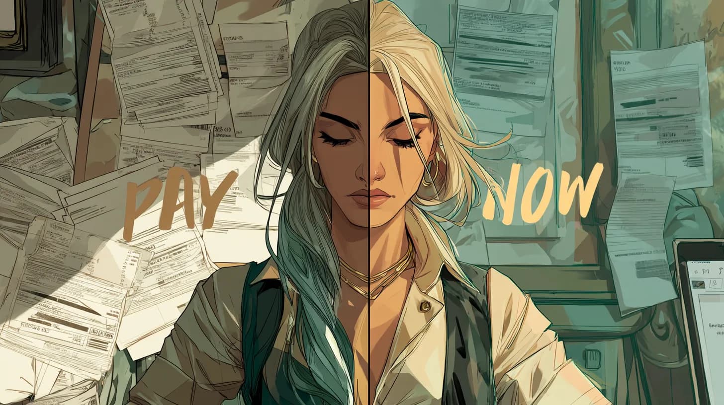 Client viewing glowing invoice portal interface with clear pay button and branding