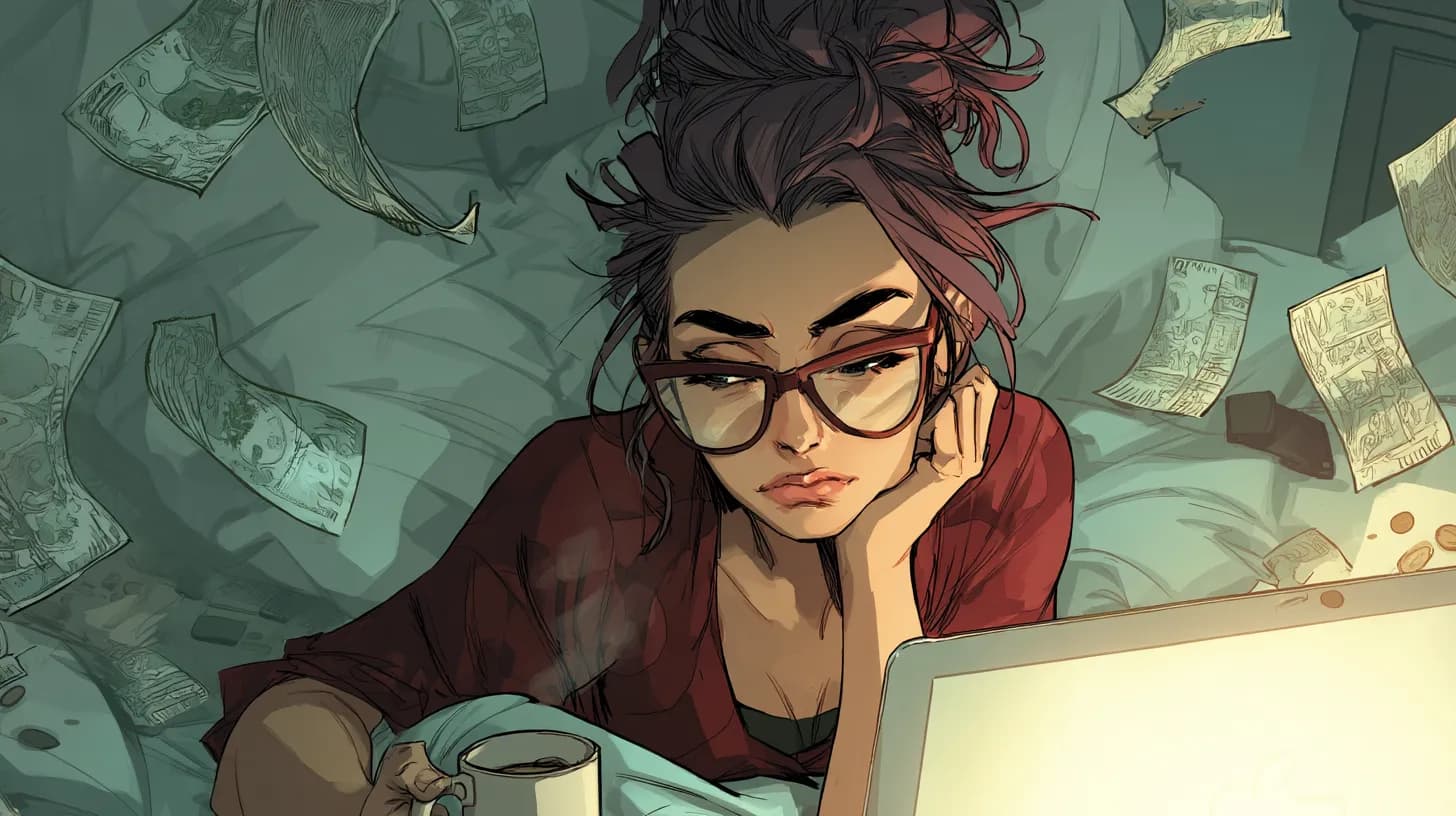 Freelancer sitting late at night surrounded by fading invoices and coins symbolising time and lost payments