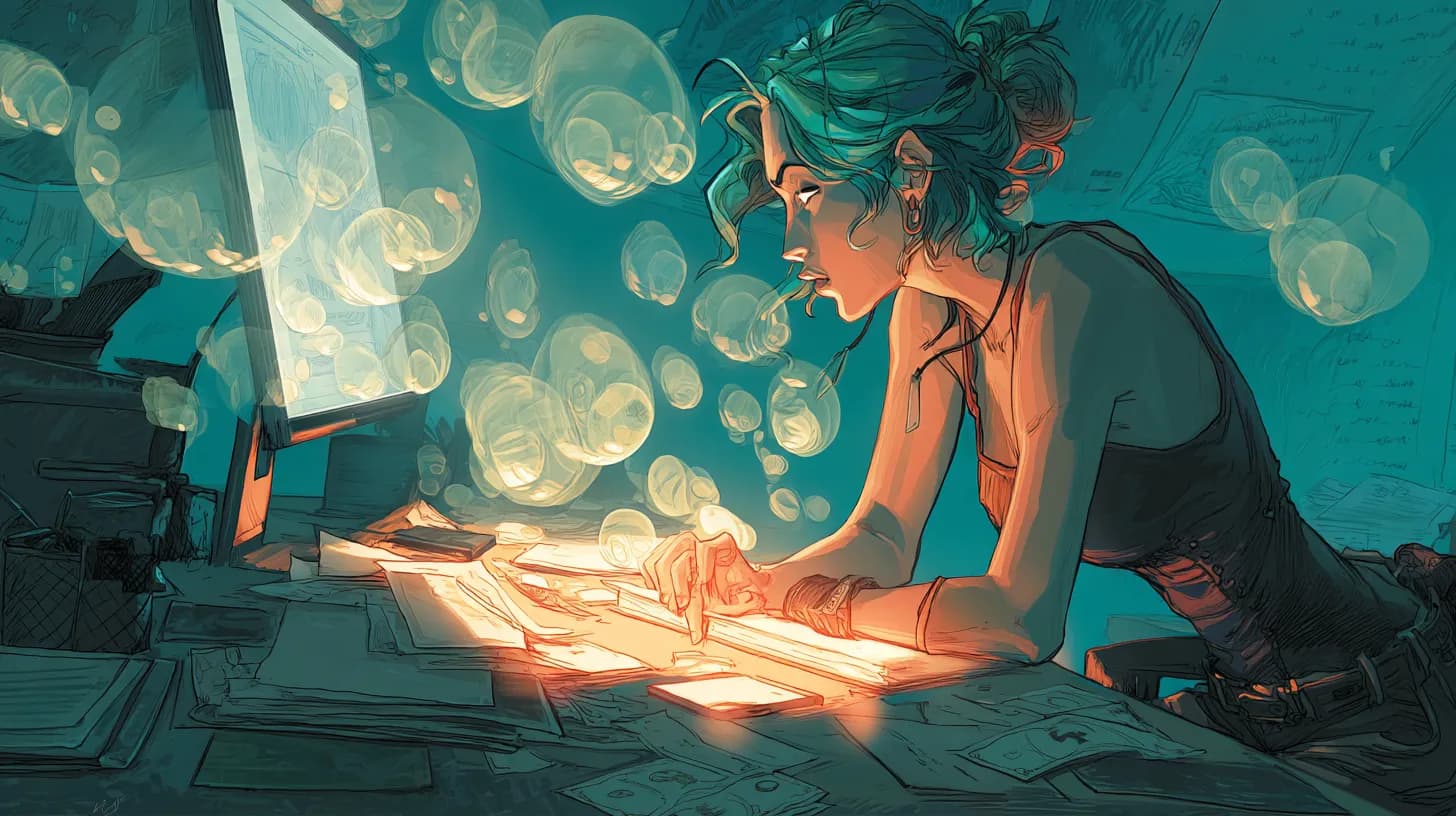 Freelancer surrounded by glowing invoices and shifting coins representing emotional highs and lows of irregular payments