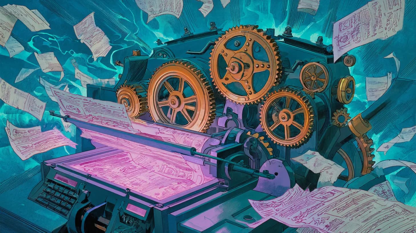 Freelancer building an automated invoicing machine powered by light streams symbolising continuous cash flow