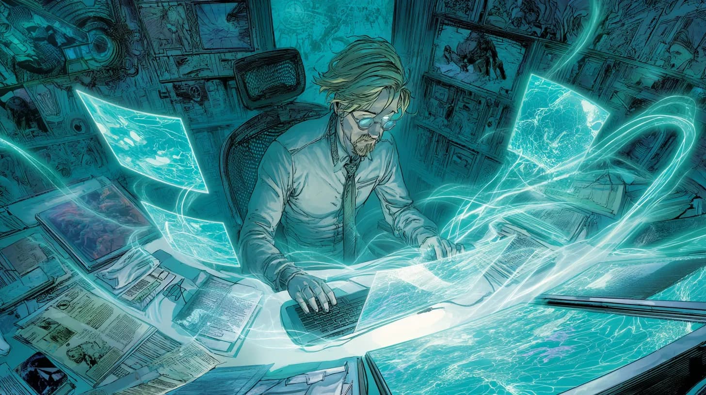 Freelancer surrounded by gears, invoices, and glowing light streams symbolising a working payment machine