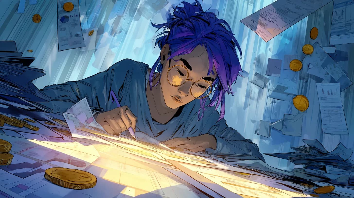 Freelancer balancing invoices and coins on a scale symbolising fair reward and consequence