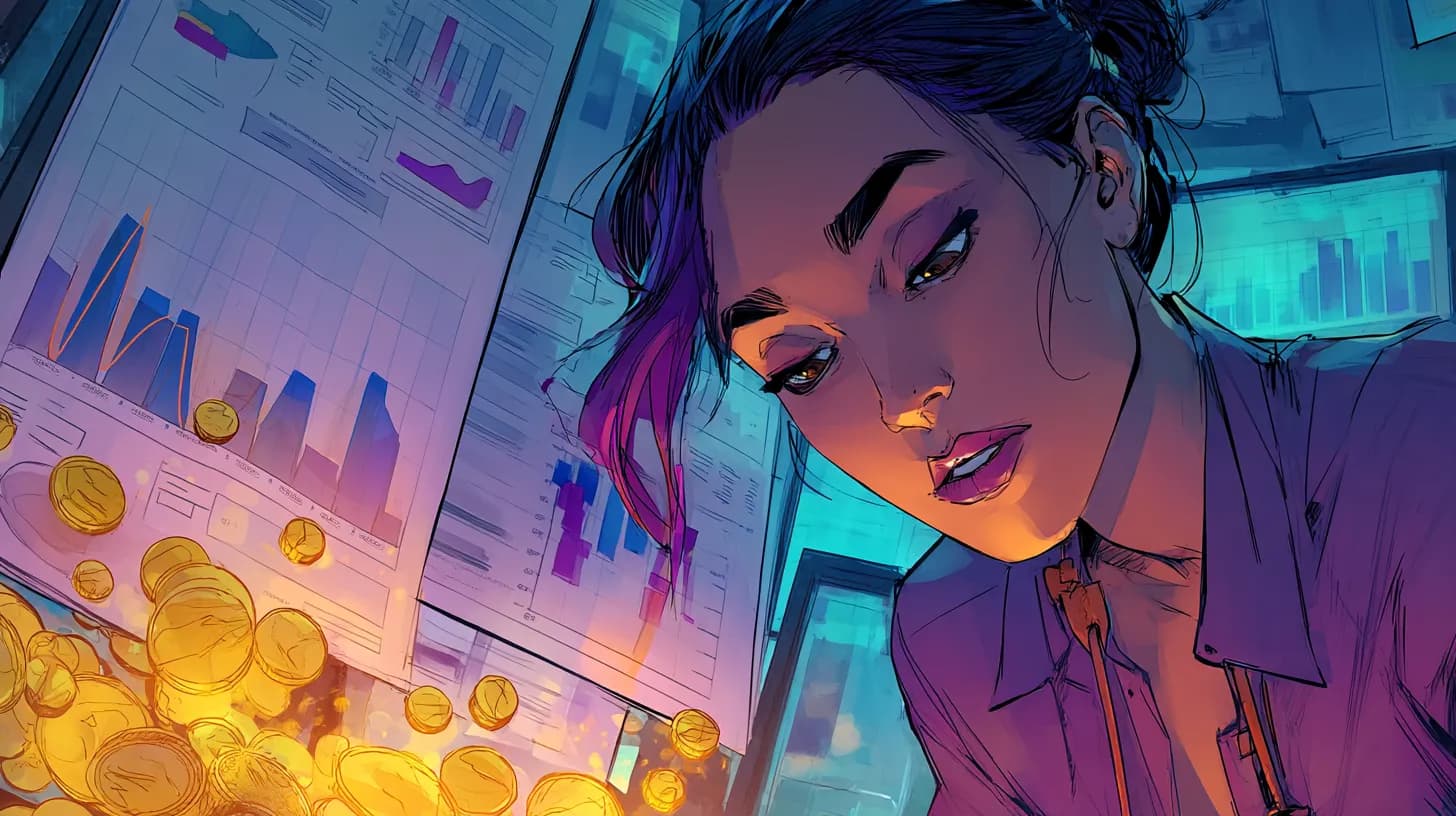 Freelancer celebrating a milestone with invoices floating as glowing tokens