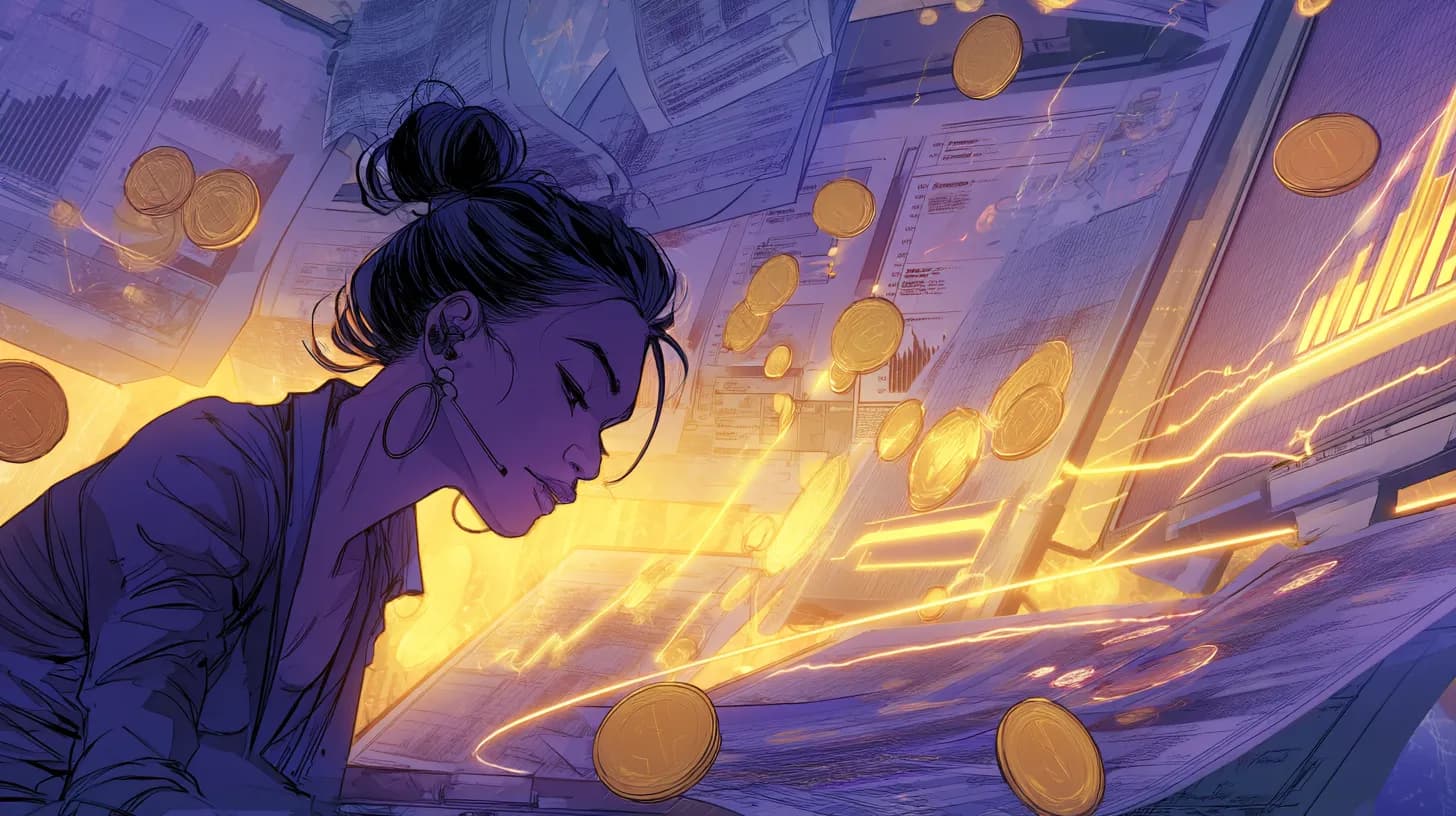 Freelancer looking at a glowing invoice dashboard