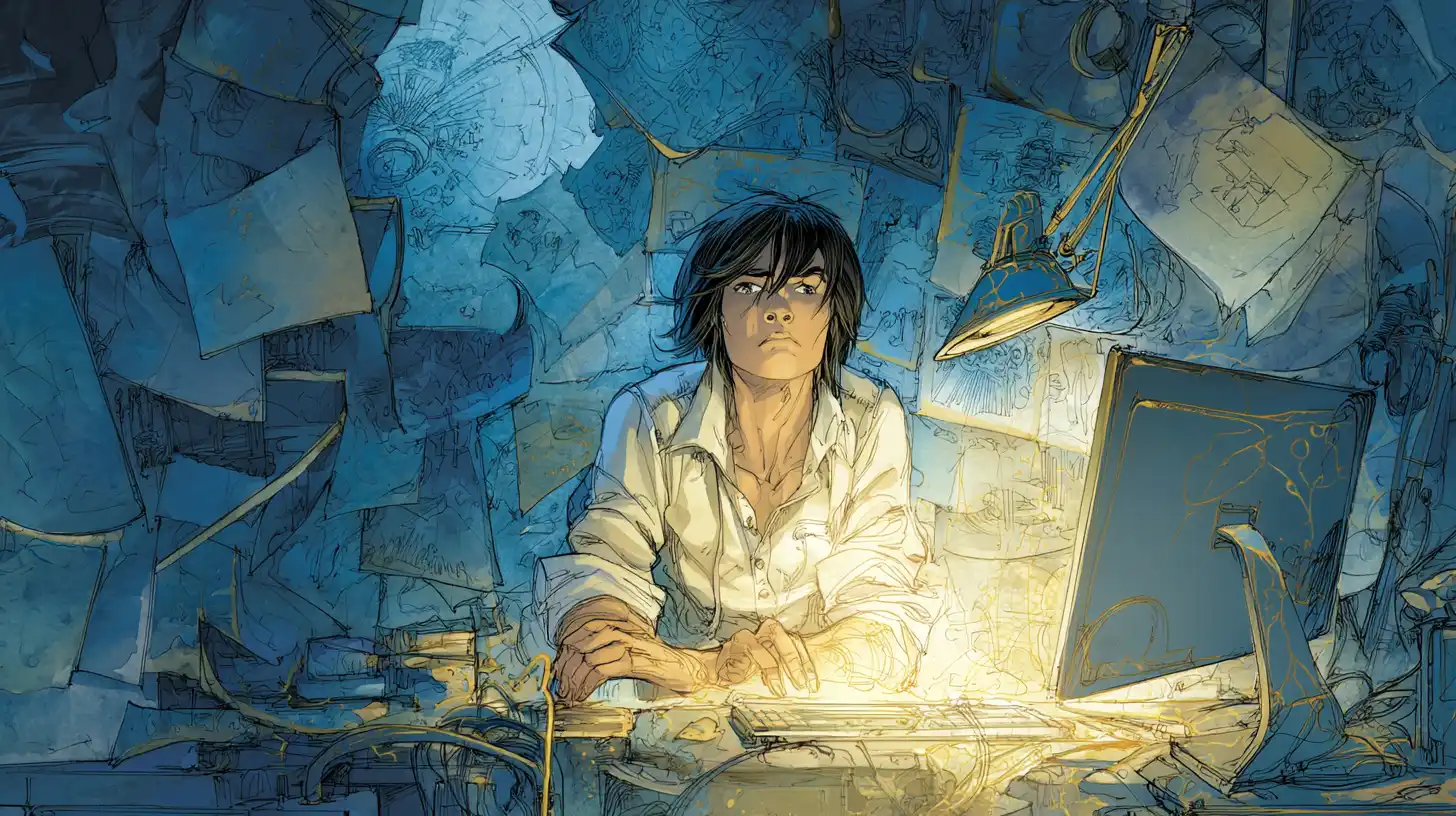 Freelancer coding late at night surrounded by invoices and glowing screens, symbolising motivation and purpose