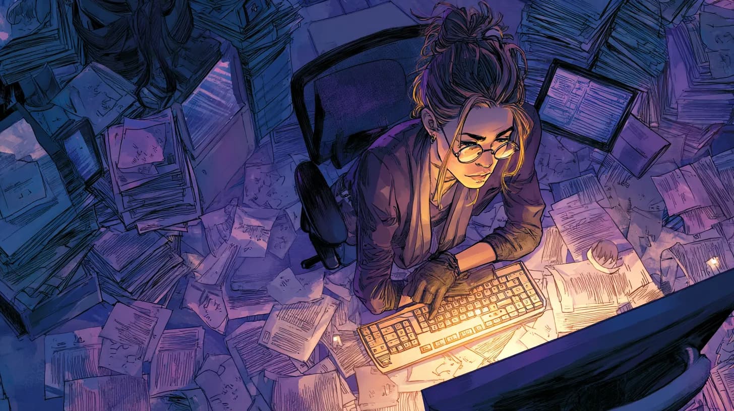 Freelancer coding late at night surrounded by invoices and glowing monitors, representing the origin of EZinvoices