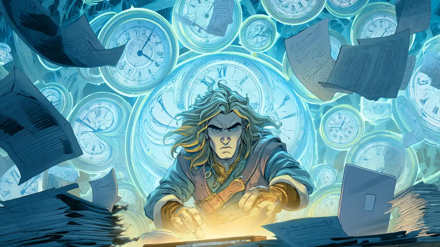 Freelancer surrounded by floating clocks and invoices symbolising consistency and time management