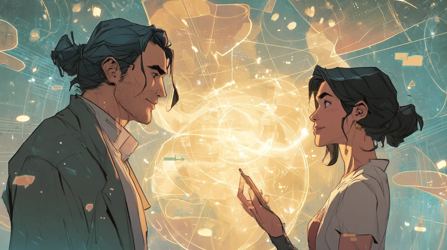 Freelancer and client communicating through a glowing digital portal symbolising collaboration and payment transparency