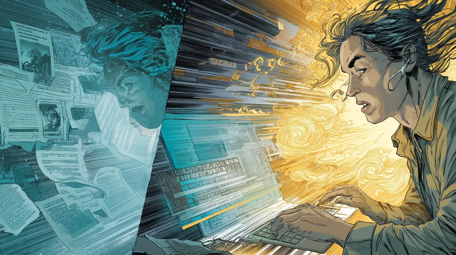 Freelancer and client interacting through a clean glowing portal dashboard with invoice and message sections